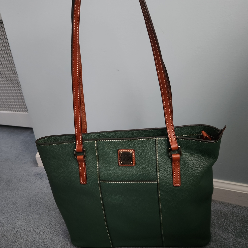 Dooney & Bourke Green Lexington Shopper Leather Tote with Brown Straps